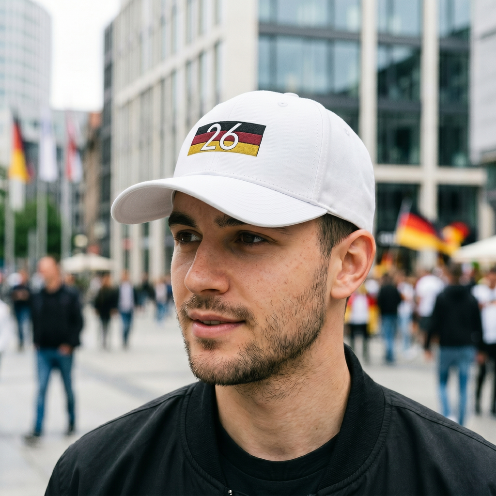 Deutschland Snapback Cap „26“ – Flat Bill, Weiß